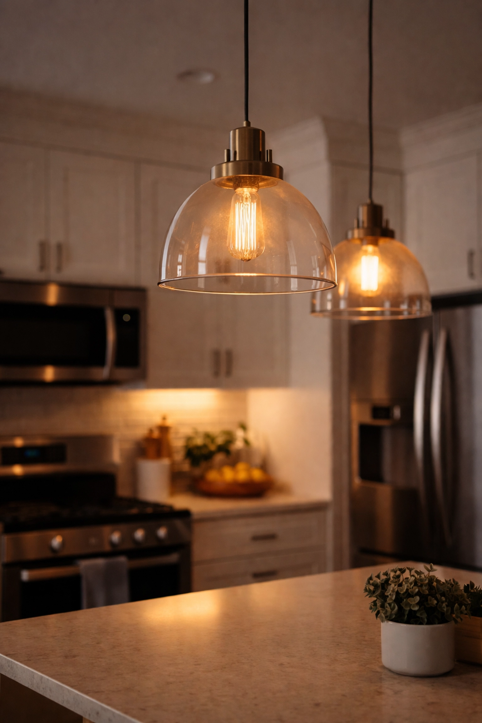 Modern kitchen with dimmed pendant lights and appliances, illustrating voltage fluctuation issues