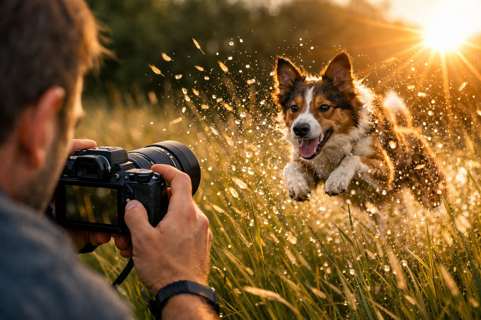 Using a compact mirrorless camera to capture high-speed action of a dog leaping during golden hour.