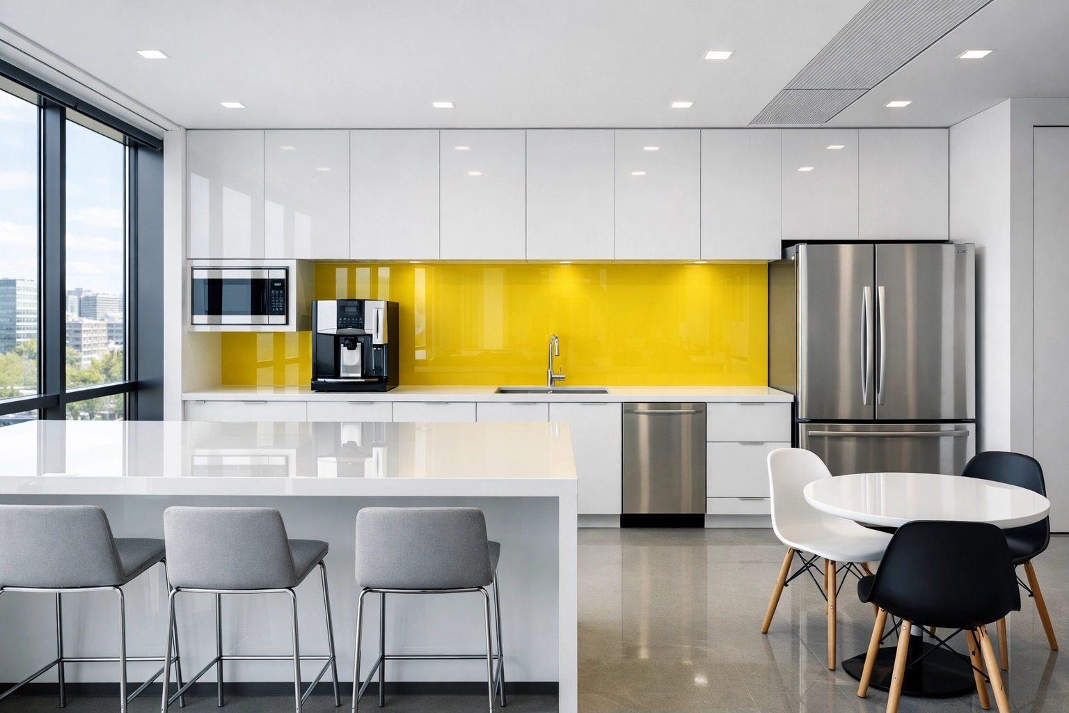 A sanitized and organized office breakroom with clean countertops, part of commercial cleaning in Maynard.