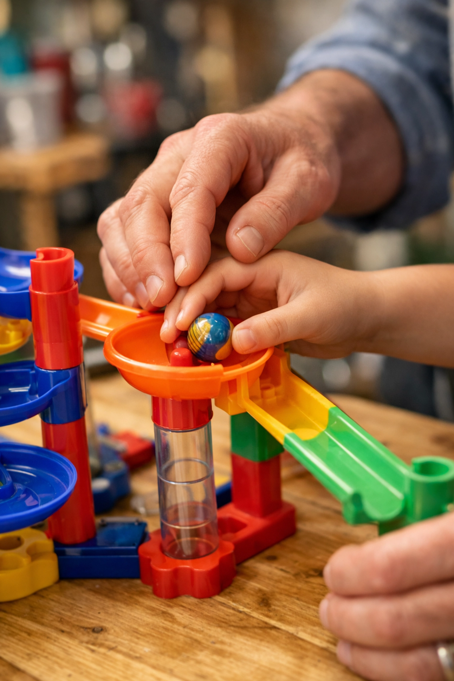 An adult mentor helping a child with a DIY marble run to encourage inclusive learning and participation.