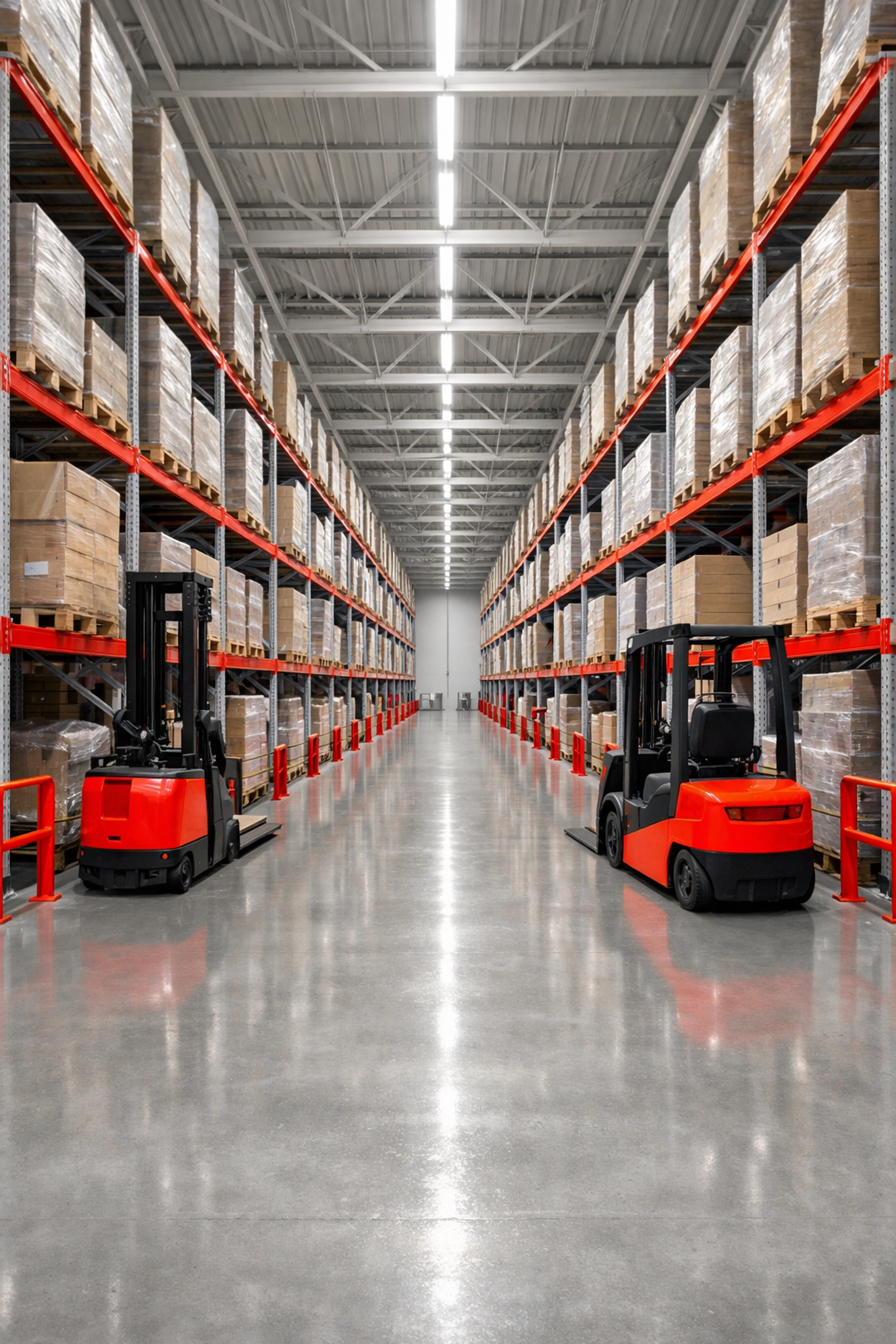 Organized interior of a Hertford storage facility with high-density shelving for efficient retail warehousing.