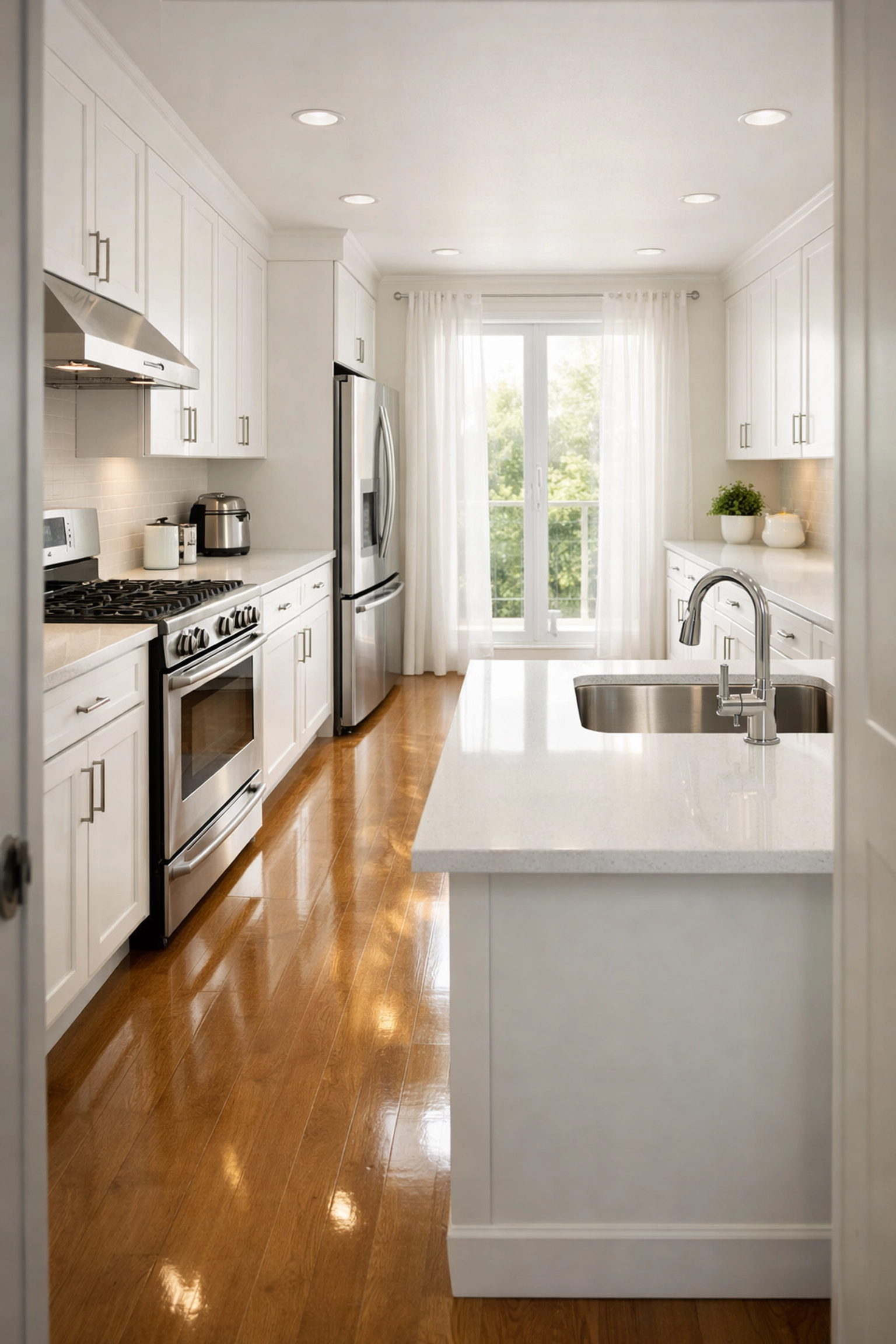 Spotless modern kitchen with gleaming countertops showing professional cleaning standards