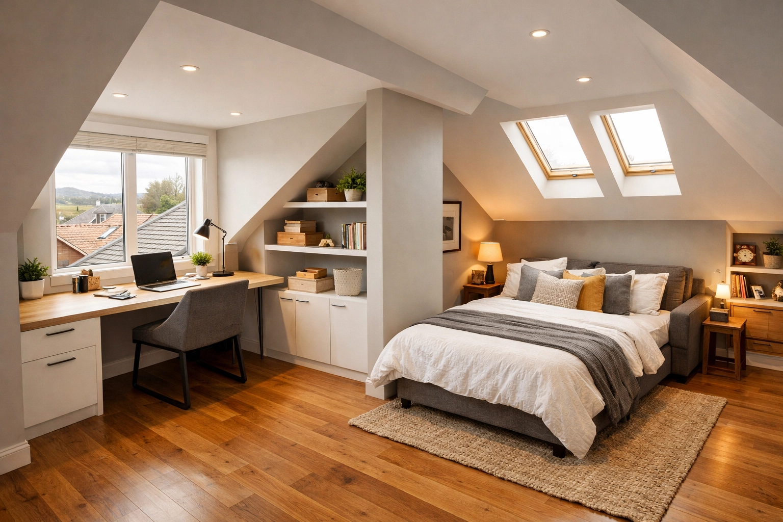 Multi-purpose loft conversion in Christchurch with office workspace and guest bed zones