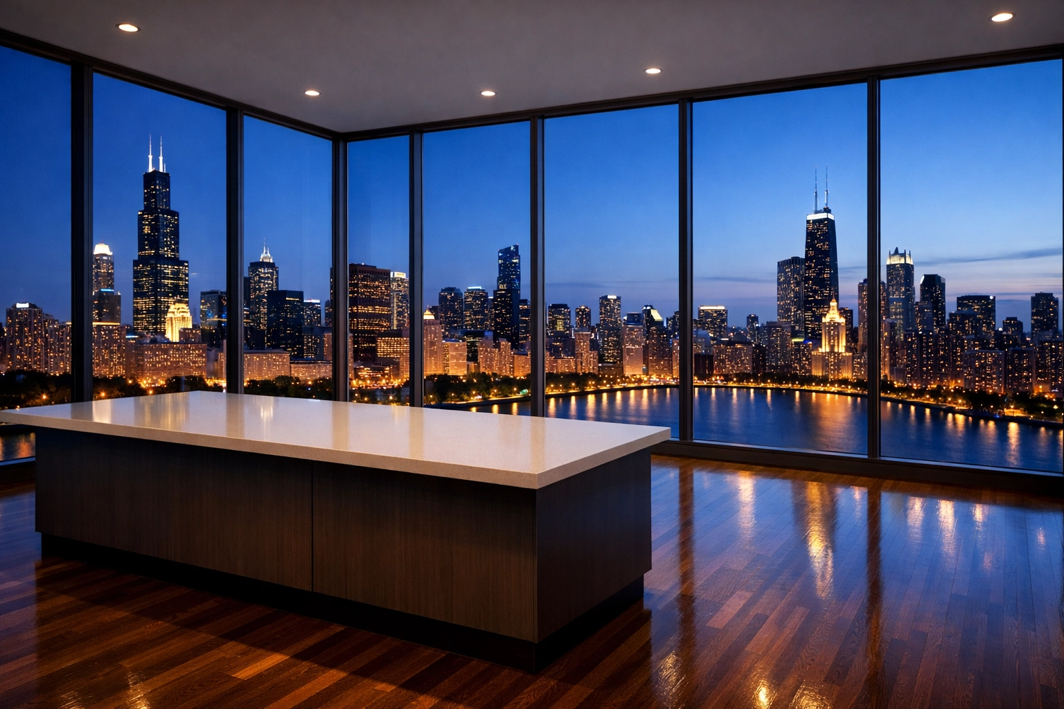 Pristine luxury penthouse interior with polished hardwood floors and a metropolitan city skyline view.