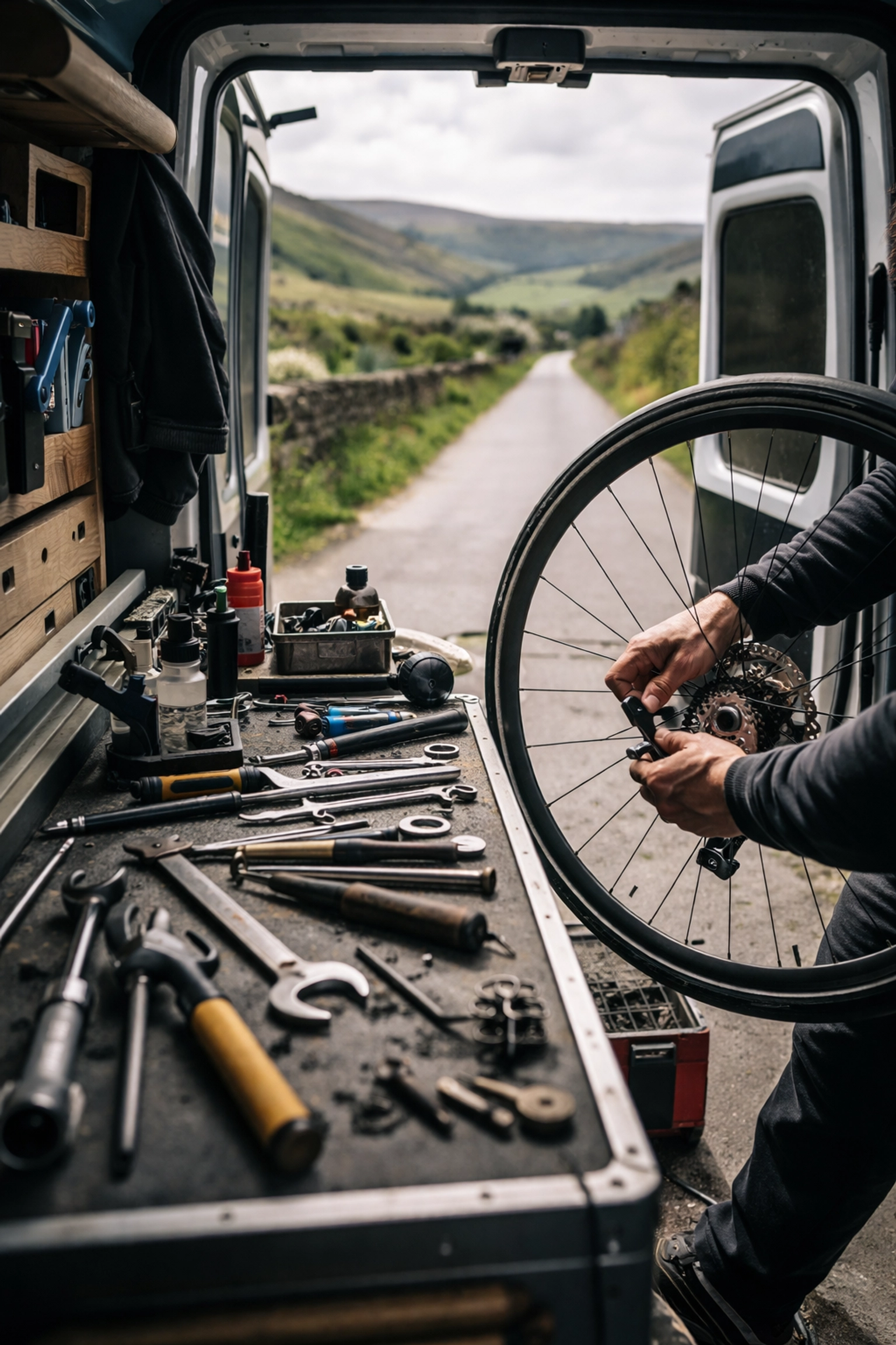 Mechanic provides roadside cycling support from a van during LEJOG, ensuring reliable bike hire