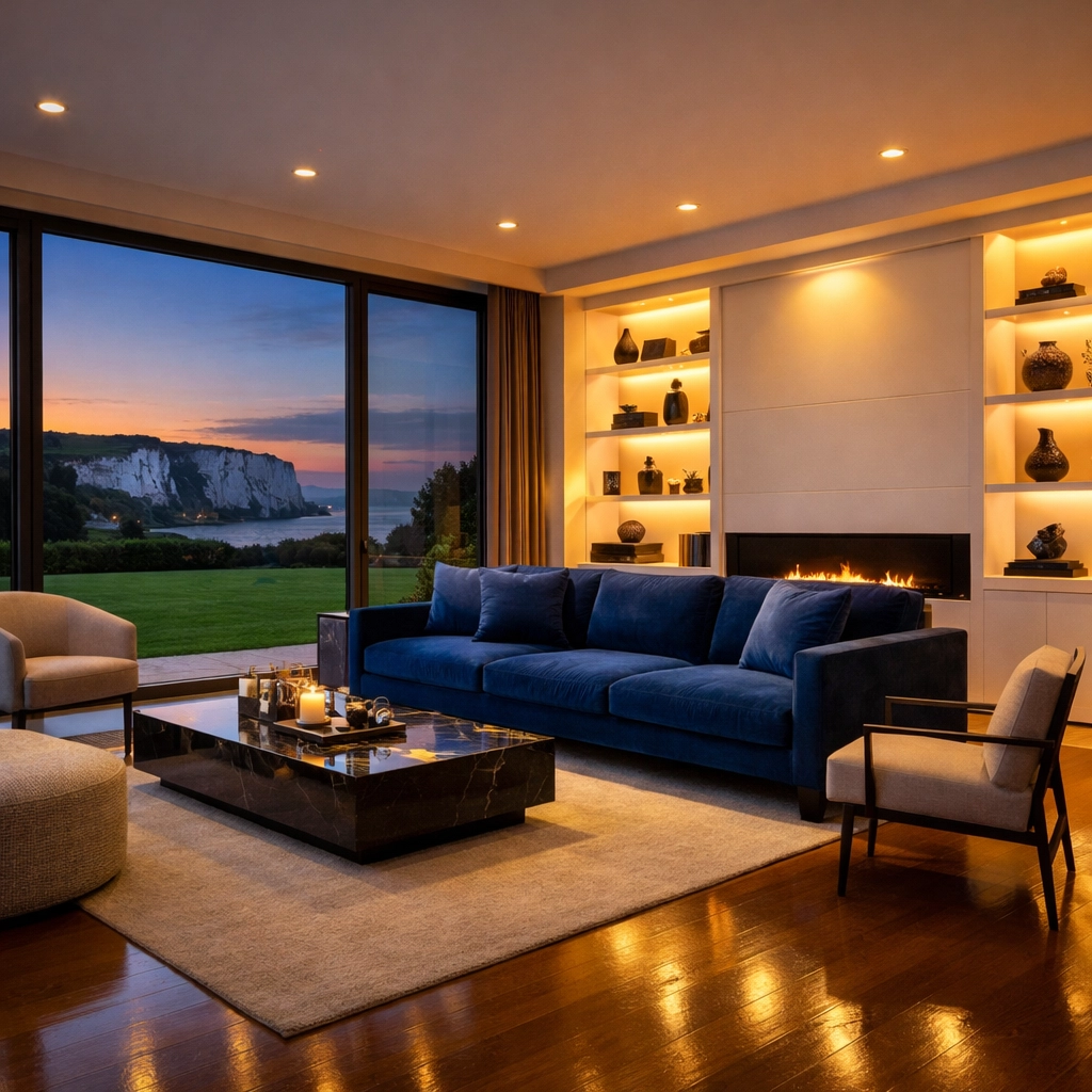 Pristine Dover luxury living room with gleaming floors following professional residential cleaning Massachusetts.