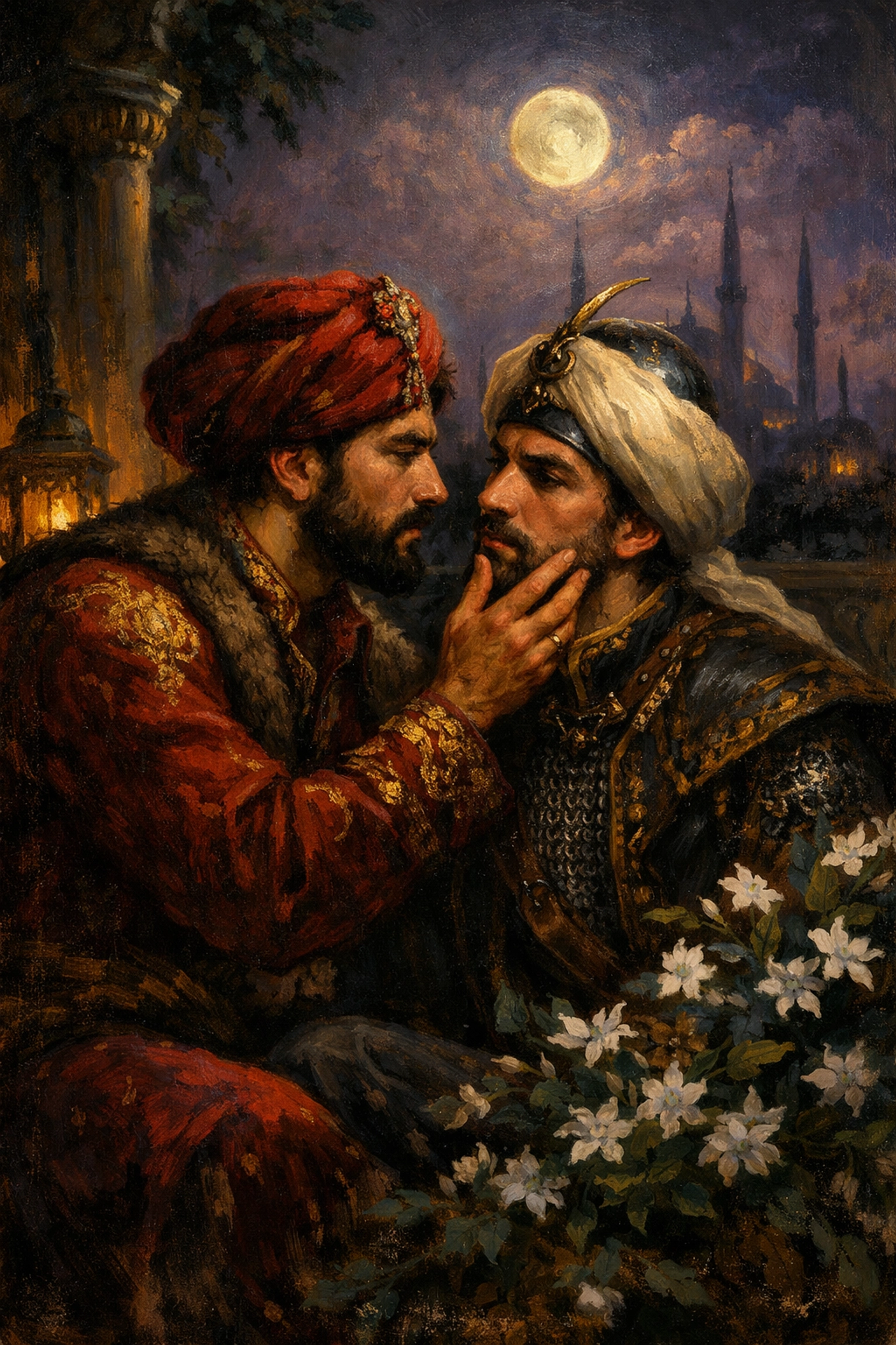 Forbidden romance between Ottoman soldiers in moonlit Istanbul garden
