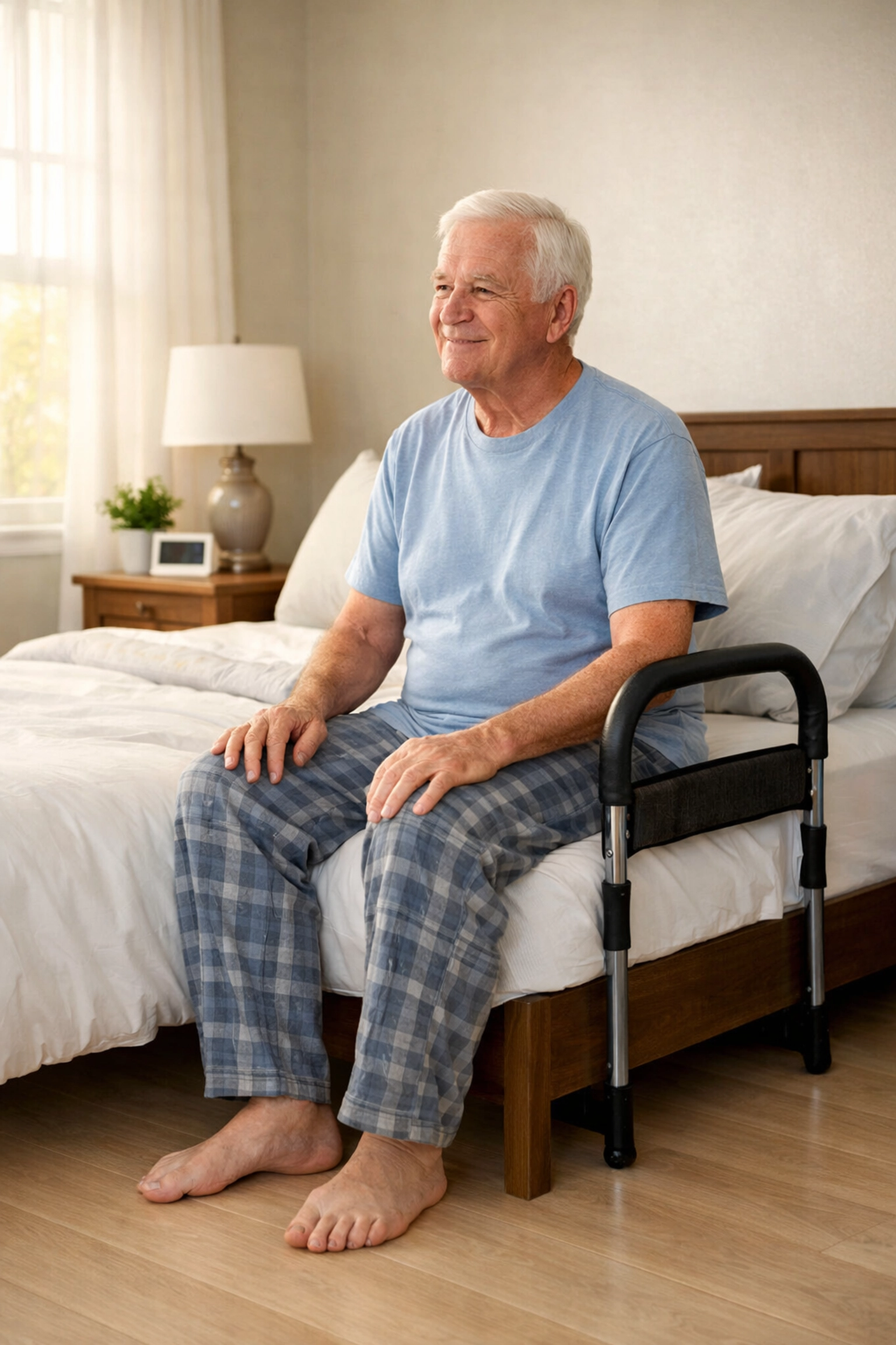 Senior man sitting securely on his bed with a compact assist rail for bedroom safety.