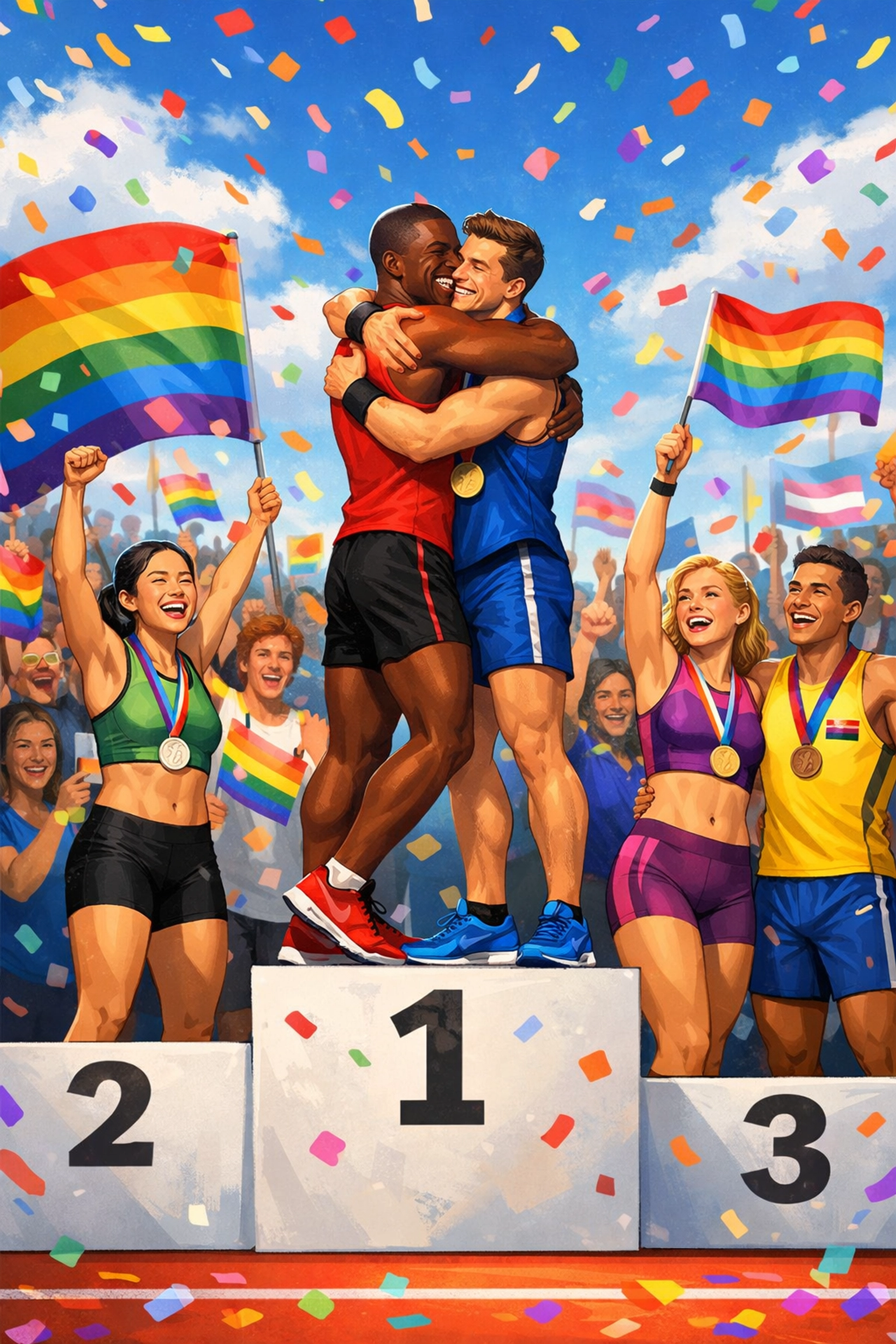 LGBTQ+ track athletes celebrating victory on podium with rainbow pride flags and community support