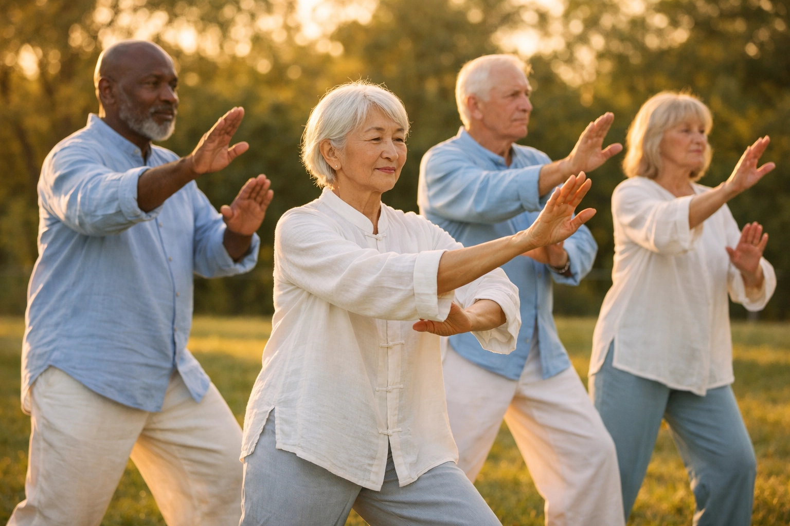 Group of seniors practicing tai chi outdoors for balance improvement