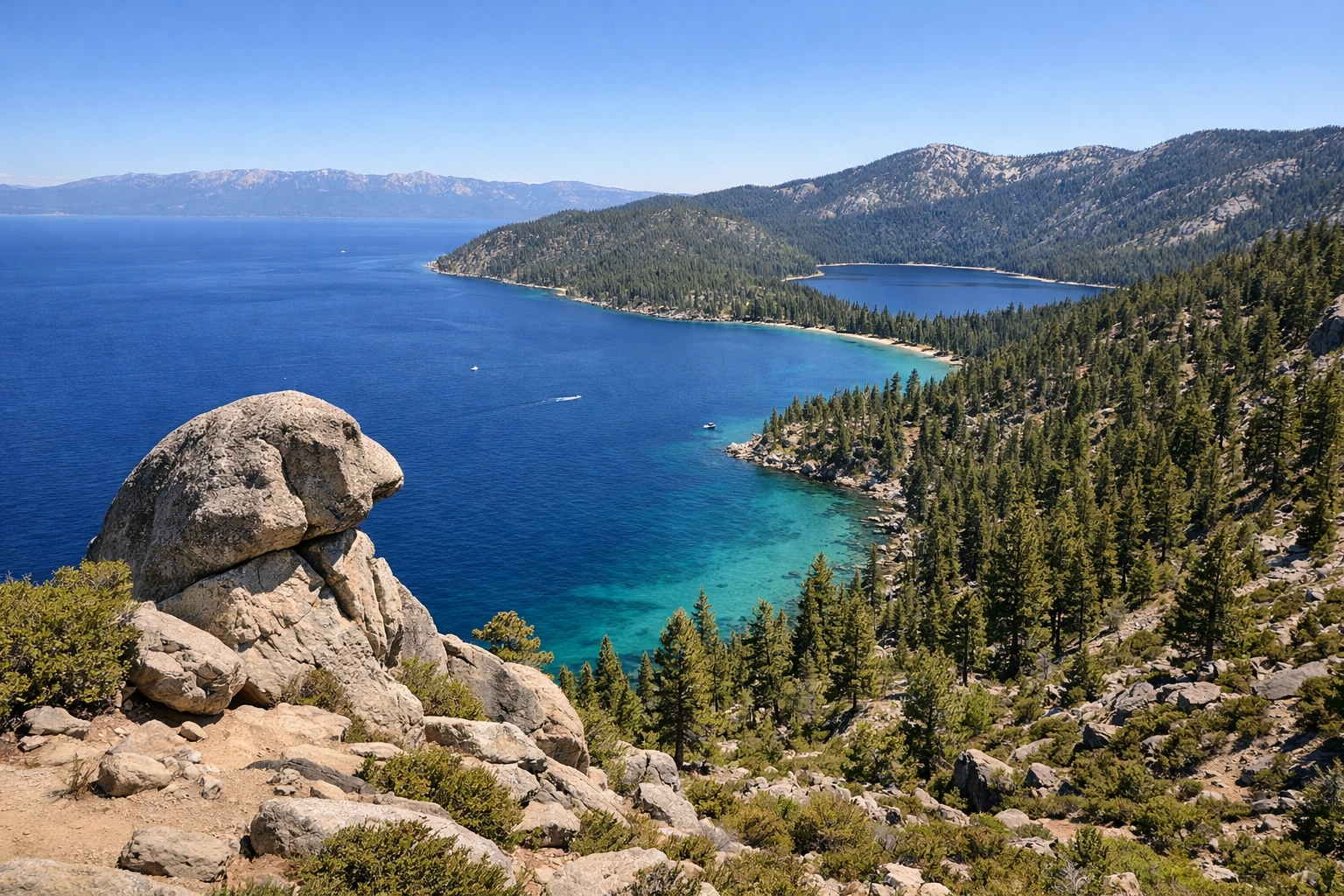 Wide-angle landscape of Monkey Rock on the Flume Trail overlooking the deep blue waters of Lake Tahoe.