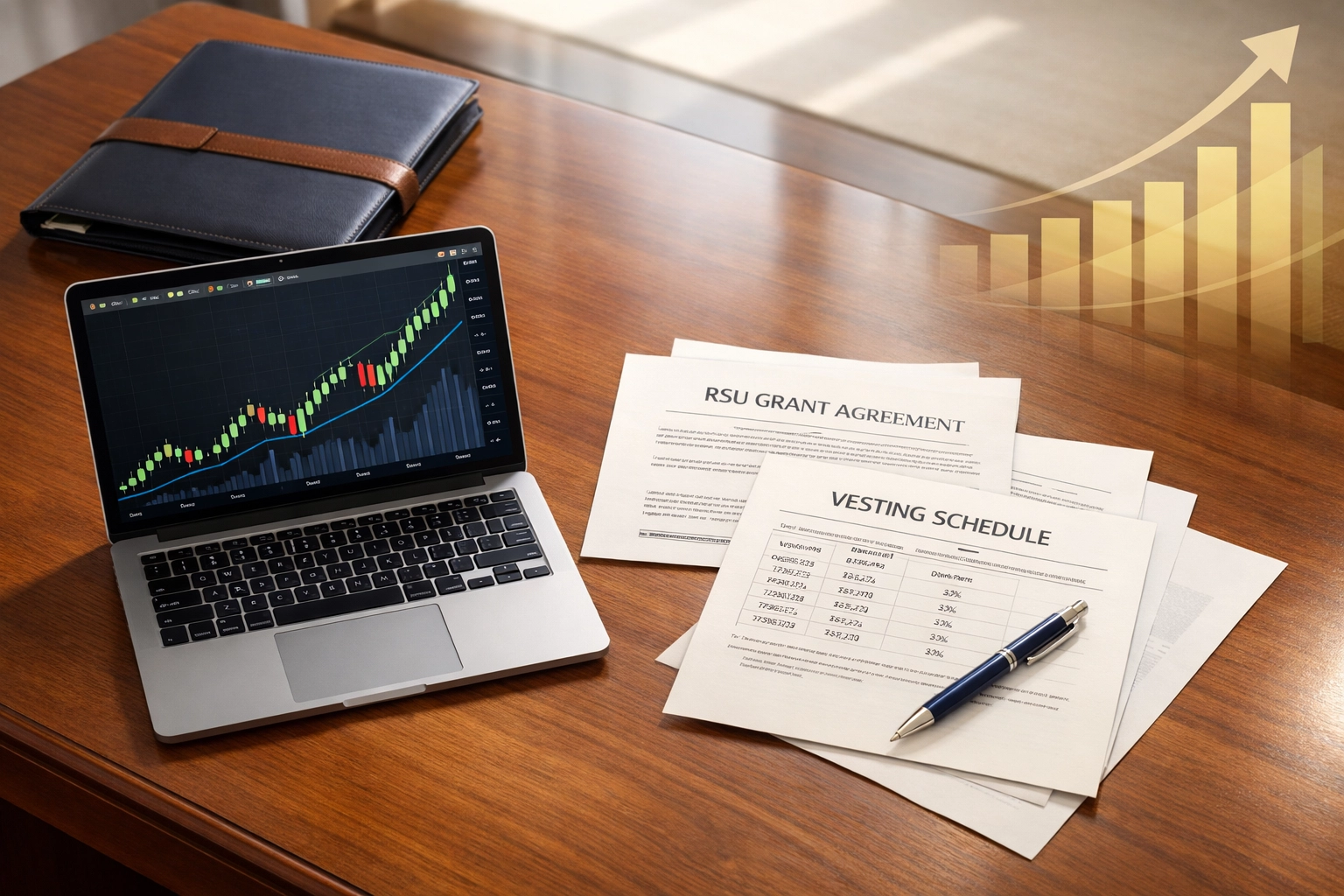Executive desk with RSU vesting schedule documents and stock portfolio for tax planning