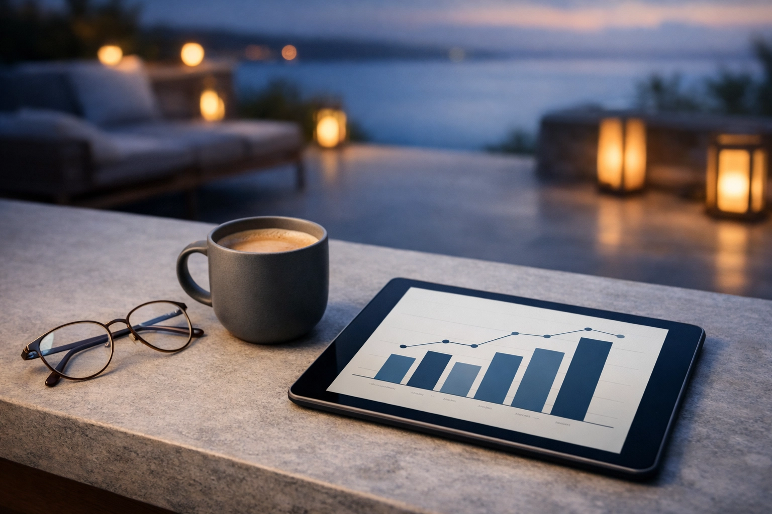 Hotel manager workspace with tablet showing reporting analytics from the hotel pms and booking engine.