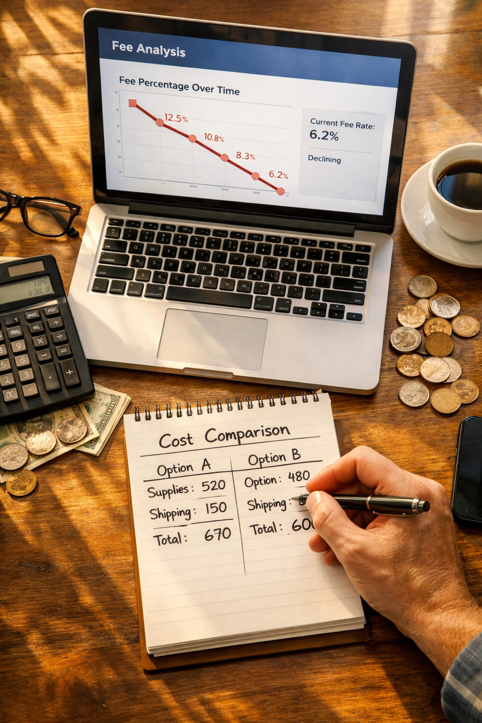 Small business owner calculating payment processing cost savings and fee comparisons