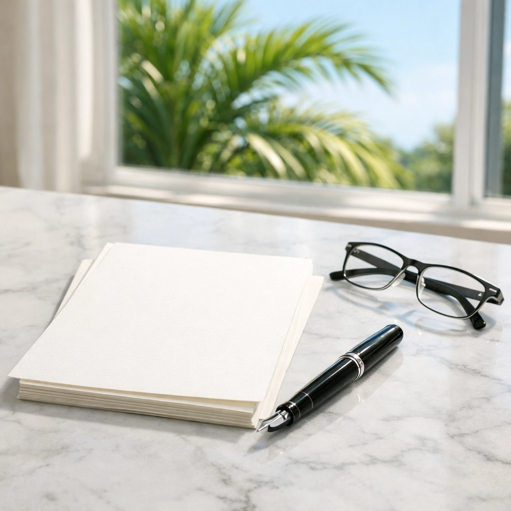 Fountain pen and blank paper on a marble table for retirement planning in Wesley Chapel FL.