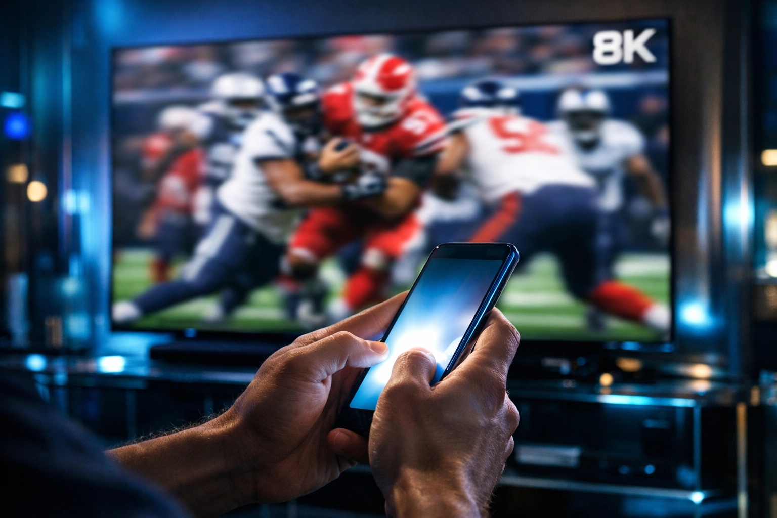 Person using a smartphone for second-screen engagement during a Super Bowl football game.