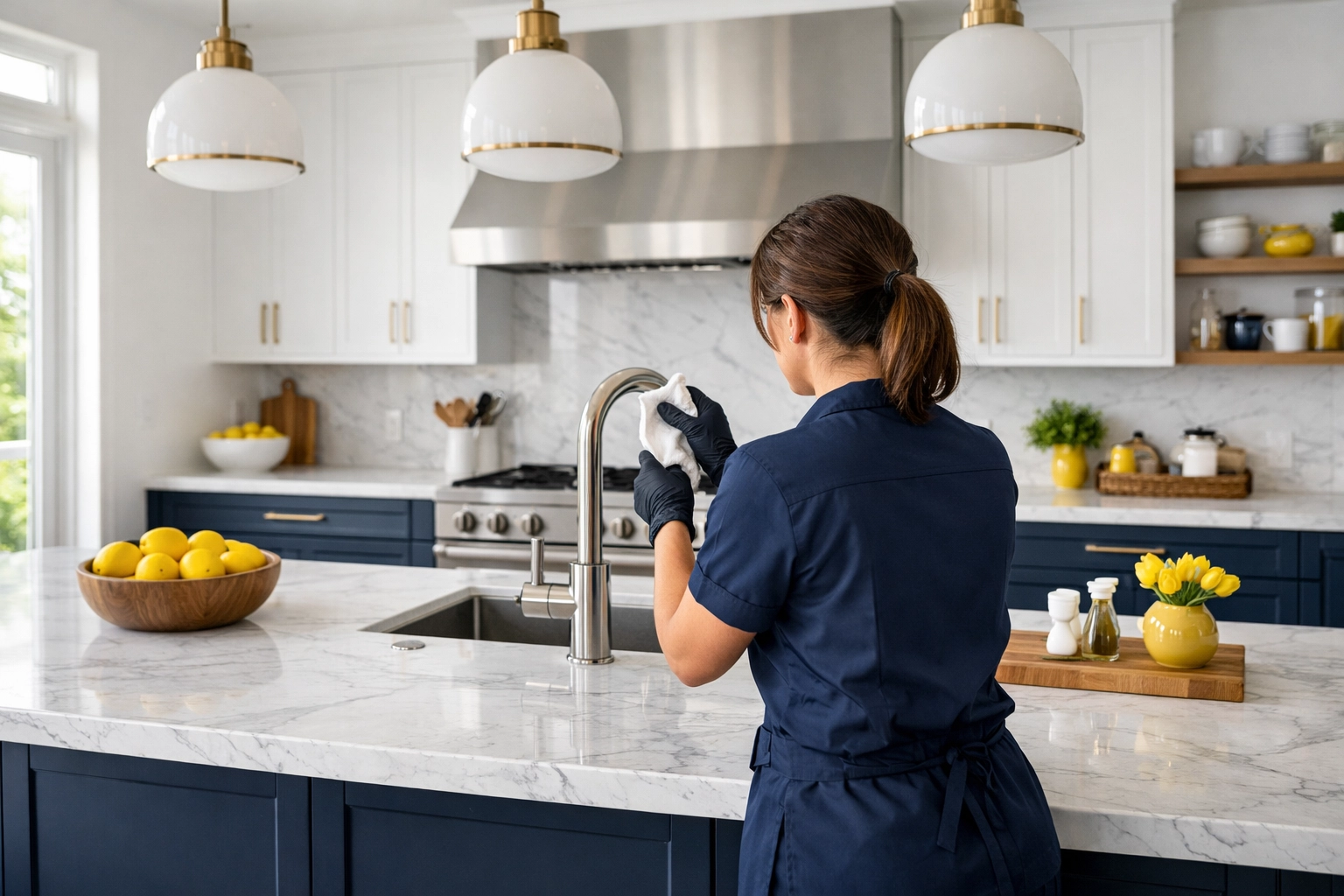 Professional house cleaning in a Middleton kitchen featuring marble countertops and navy cabinets.