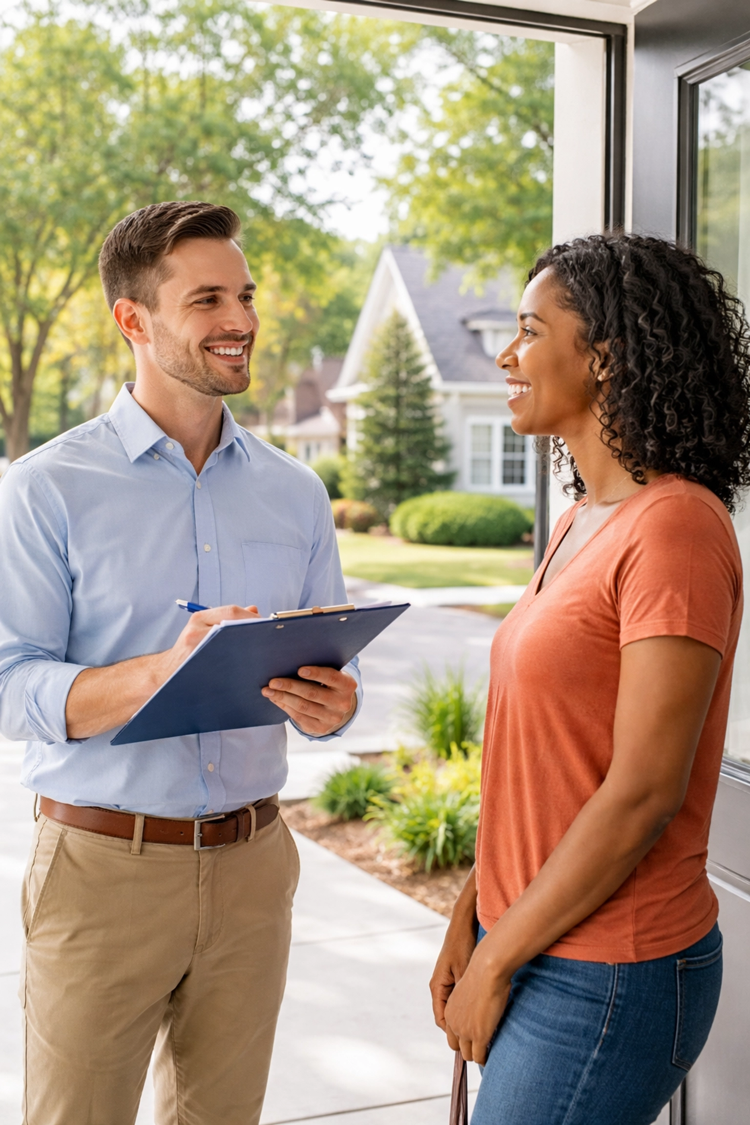 Professional appraiser and homeowner discussing property value outside a modern Atlanta residence