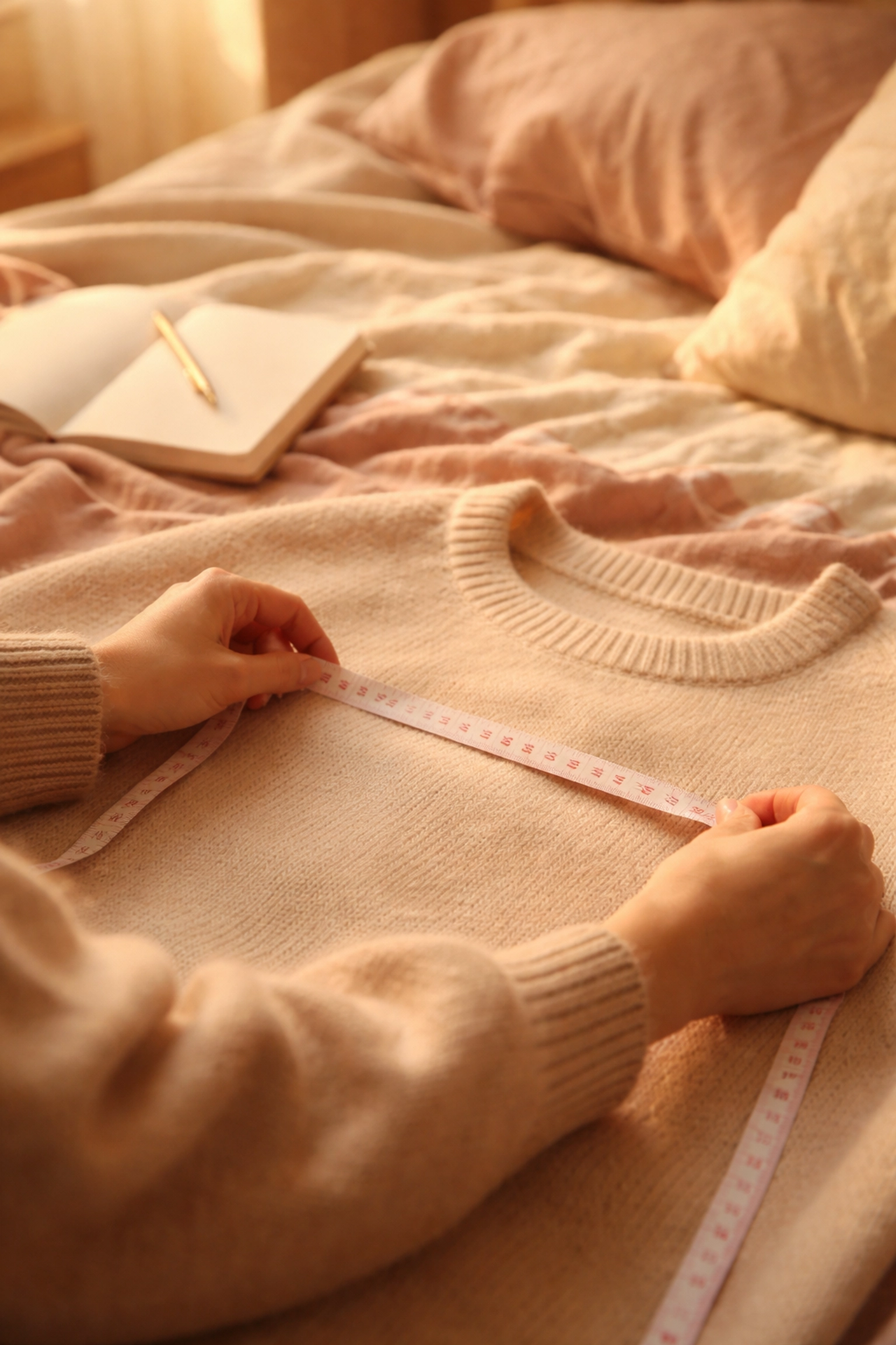 Hands measuring a sweater with a tape in a cozy setting, illustrating tips for finding your best clothing size
