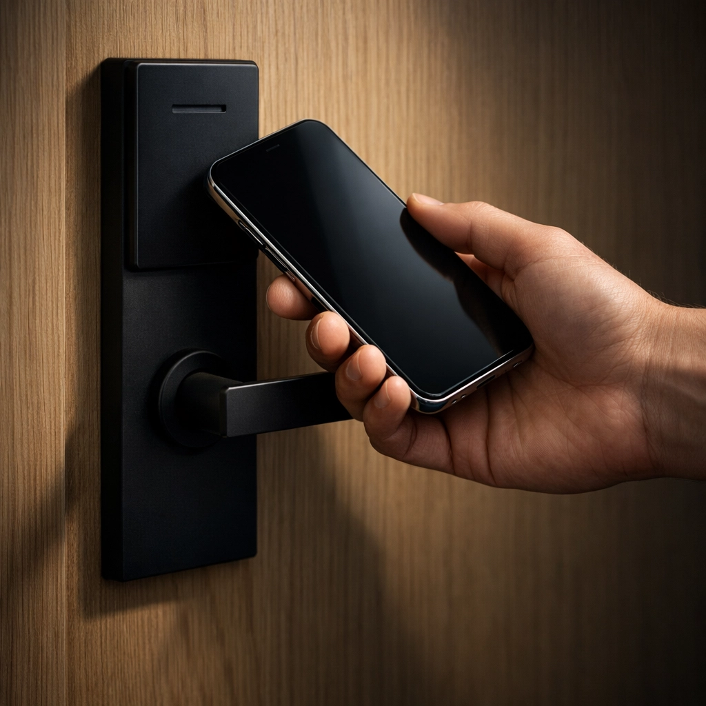Close-up of a guest using a smartphone as a digital room key for a frictionless hotel stay.