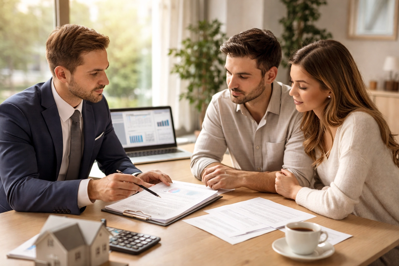 A real estate agent reviews Rocket Mortgage loan documents with a young couple during homebuying discussions.