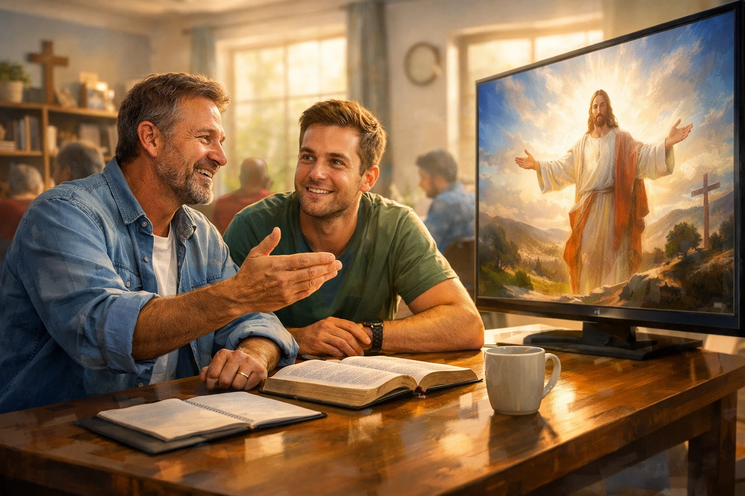 Two men share a moment of faith and spiritual growth while studying the Gospel together on a screen.