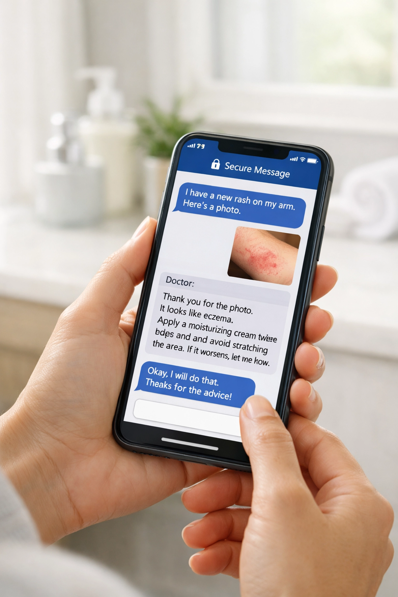 Secure medical messaging on a smartphone for a private online doctor consultation regarding a skin rash.