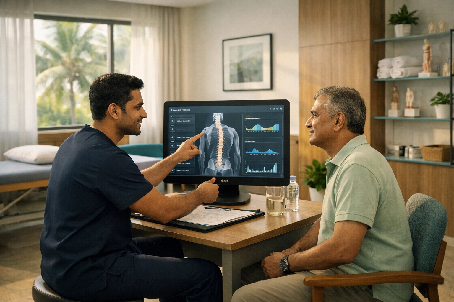 Physiotherapist in Kerala discussing non-surgical spine treatment and evidence-based recovery with a patient.