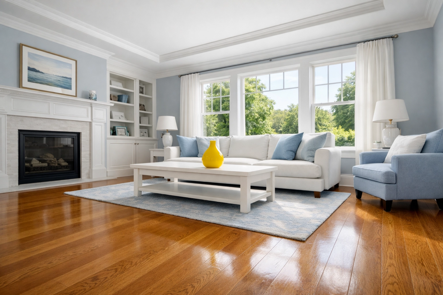 Immaculate living room with polished hardwood floors after Weekly House Cleaning Grafton MA.