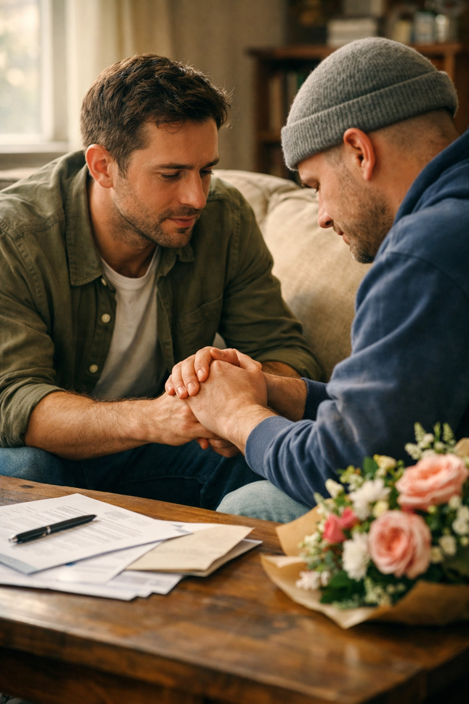 Two gay friends sharing a supportive moment during a difficult life transition in a cozy home.