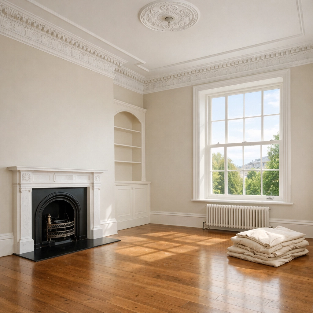 Freshly painted Regency-style living room in Cheltenham with period features