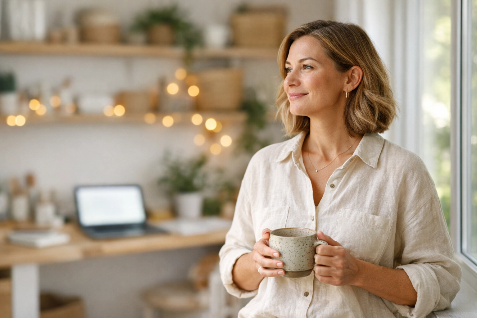 Business owner enjoying free time in a bright studio while workflow automation for small business runs on a laptop.