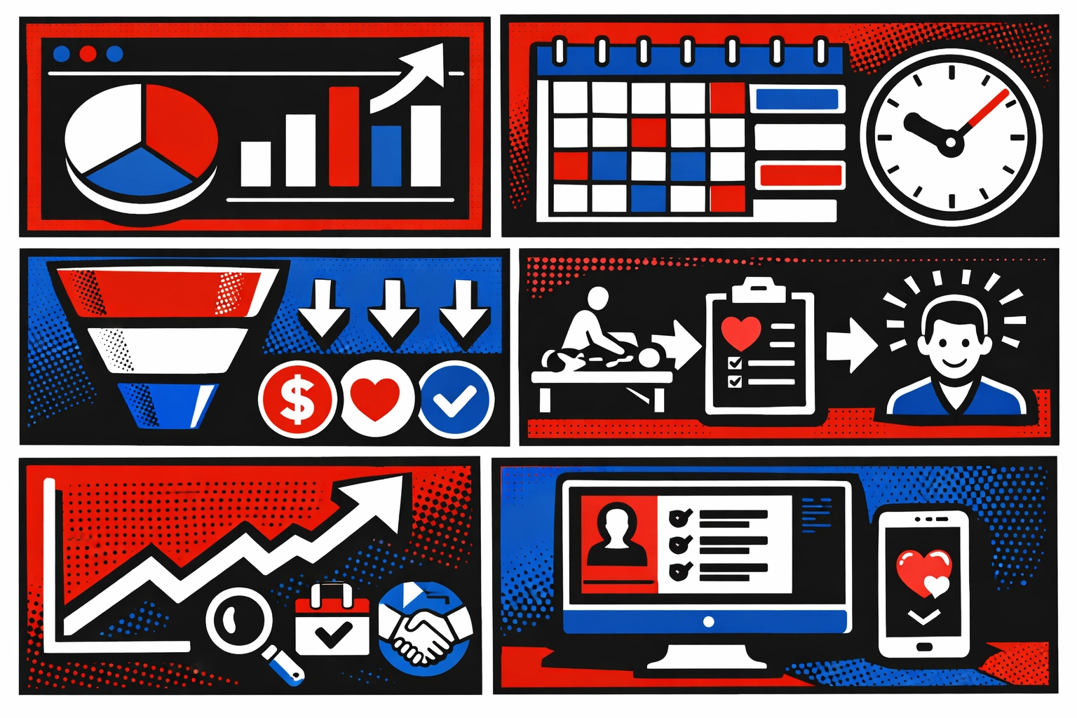 Retro comic-style analytics dashboard visualizing operational efficiency for a wellness clinic CRM.
