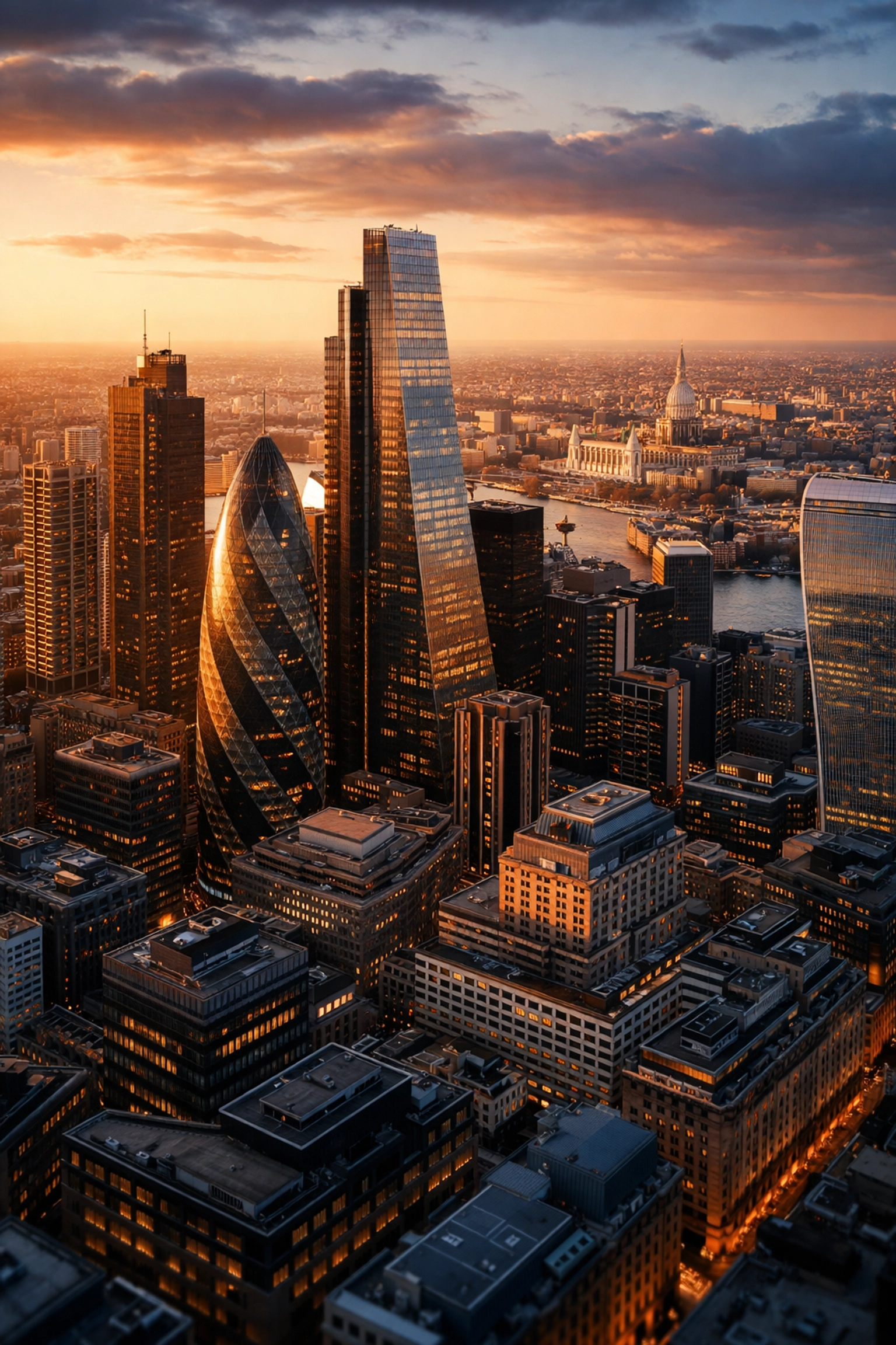 Aerial view of London financial district at sunset, highlighting private equity shift to European markets.