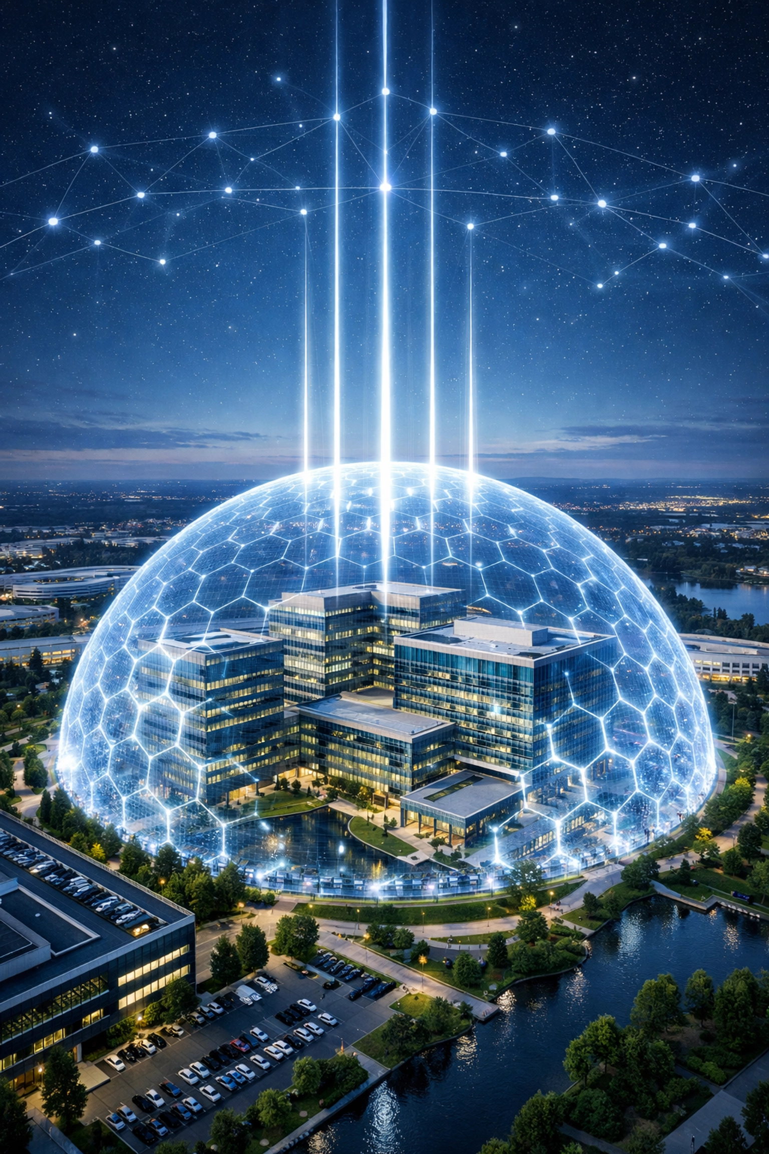 Aerial view of a secure headquarters connected to a global distributed engineering network.