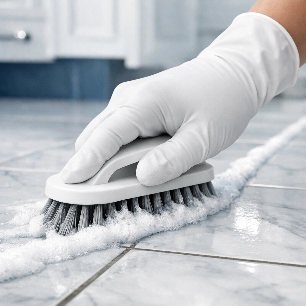 Professional scrubbing of marble tile grout lines with a stiff brush and cleaning paste.