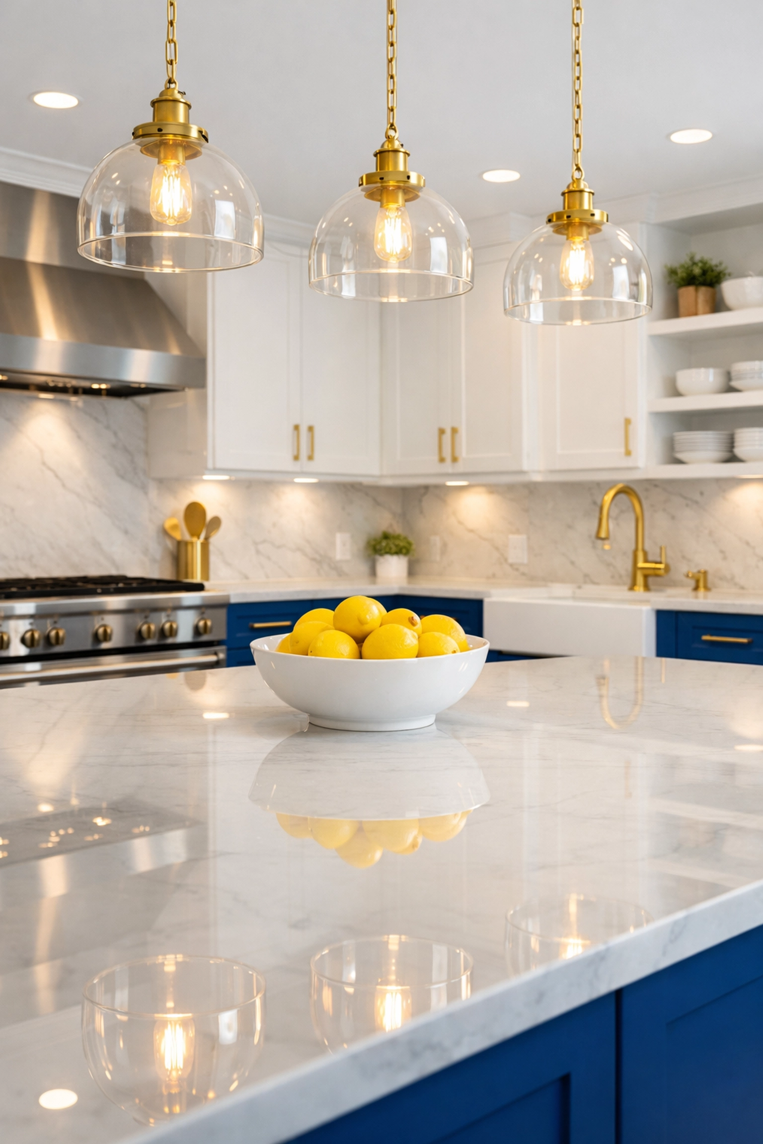 Immaculate modern kitchen with white marble counters after a detailed professional house cleaning.