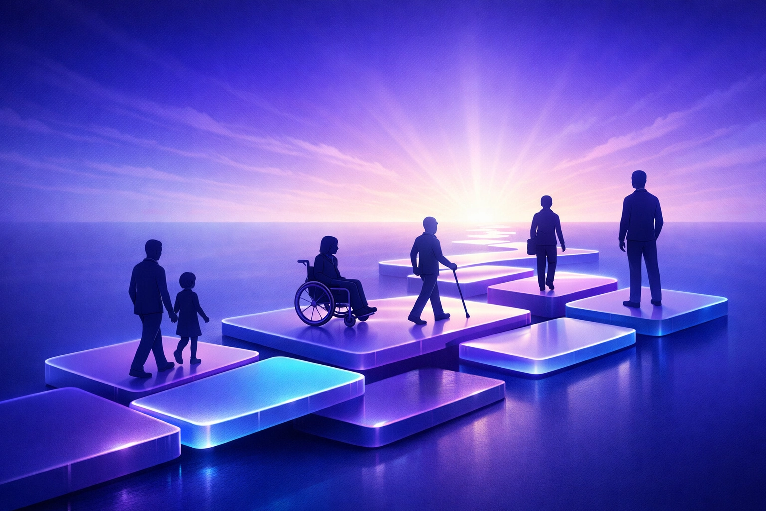 Interconnected glowing platforms illustrating Universal Design for Learning and inclusive technology paths.