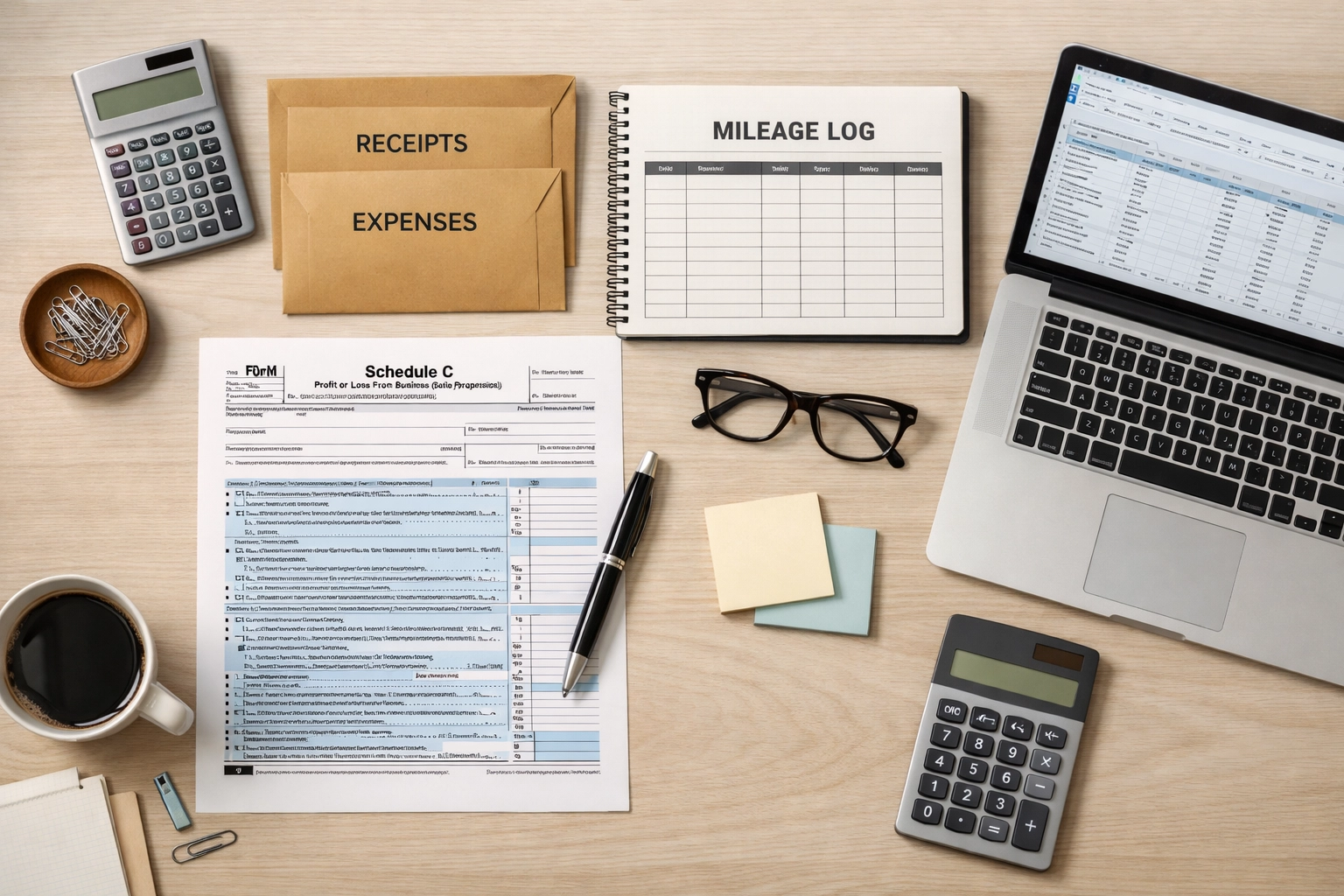 Schedule C form with receipts and expense documentation for gig worker tax prep