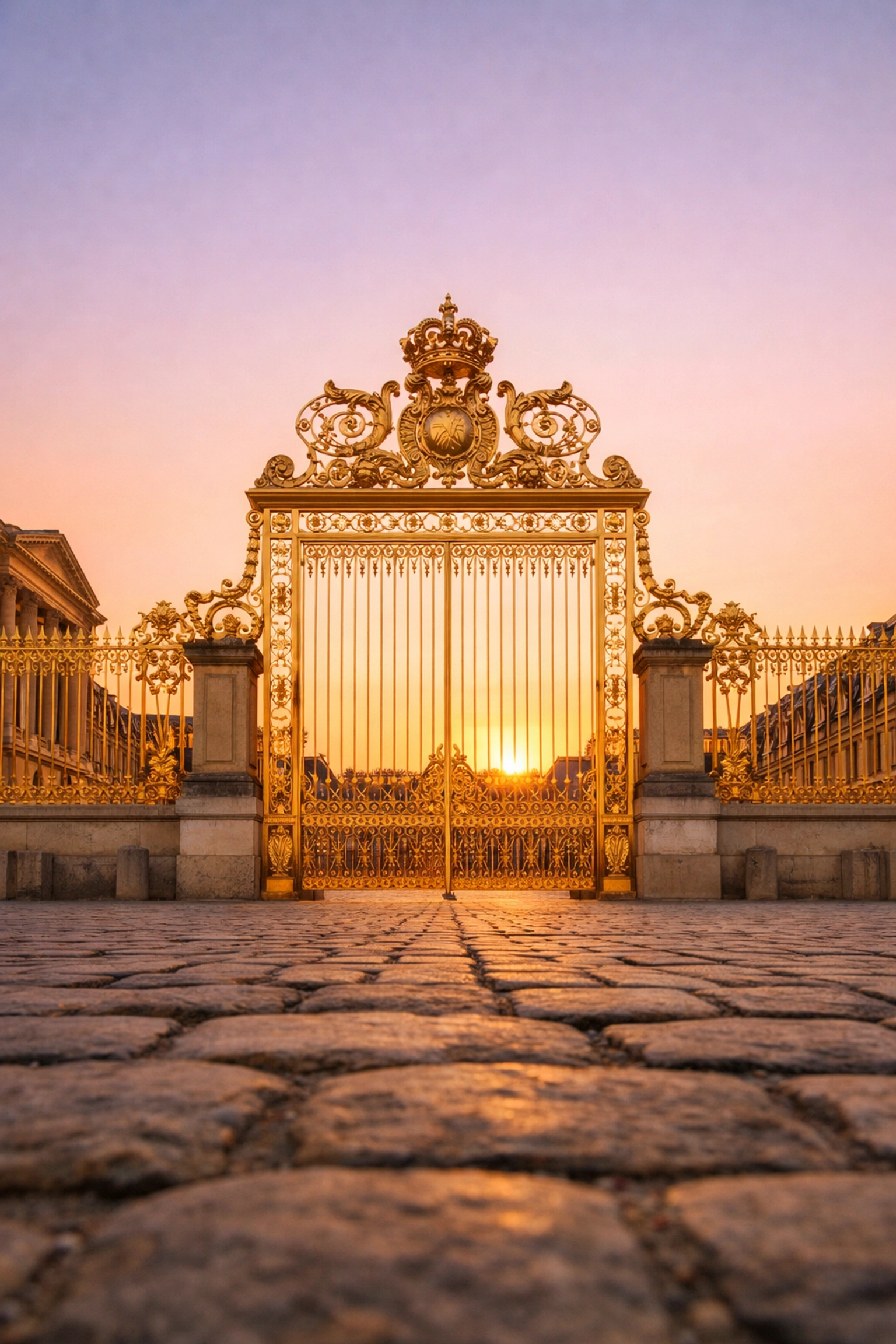 Empty golden gates of the Palace of Versailles at dawn, one of the best photography locations for clean shots.