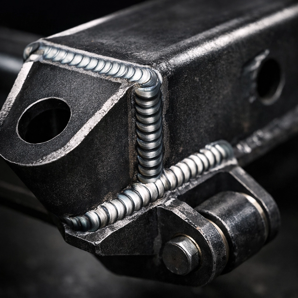 Close-up of high-quality professional fabrication welding on a custom 4x4 suspension bracket.