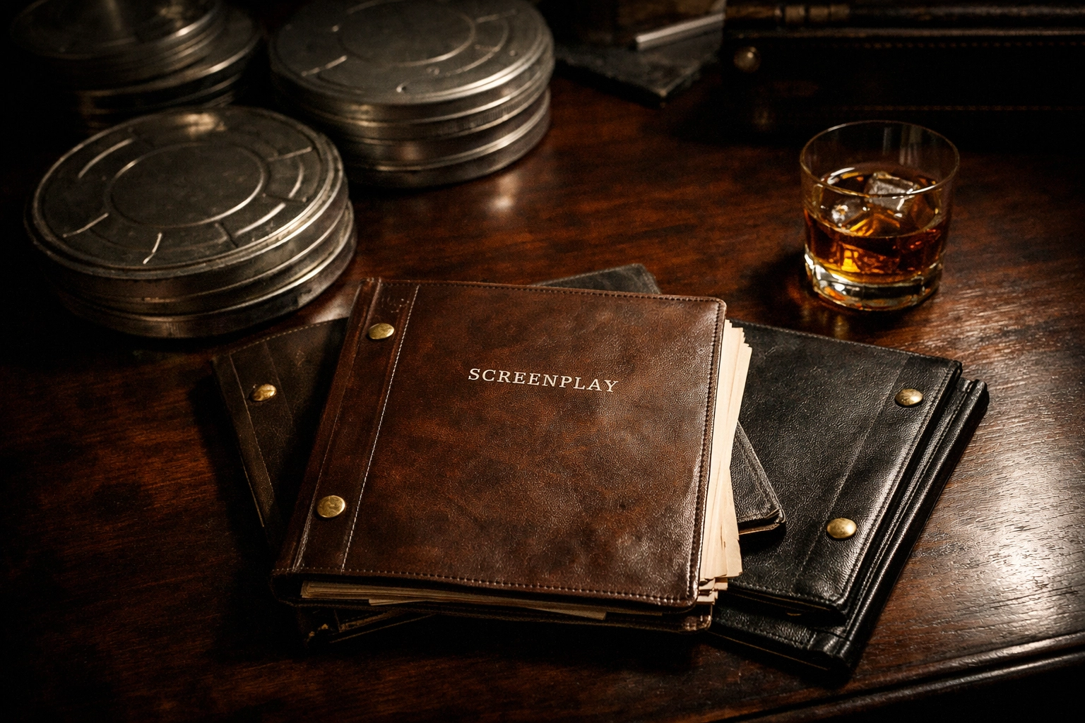 Silver film canisters and leather screenplays on a desk representing film slate investment diversification.