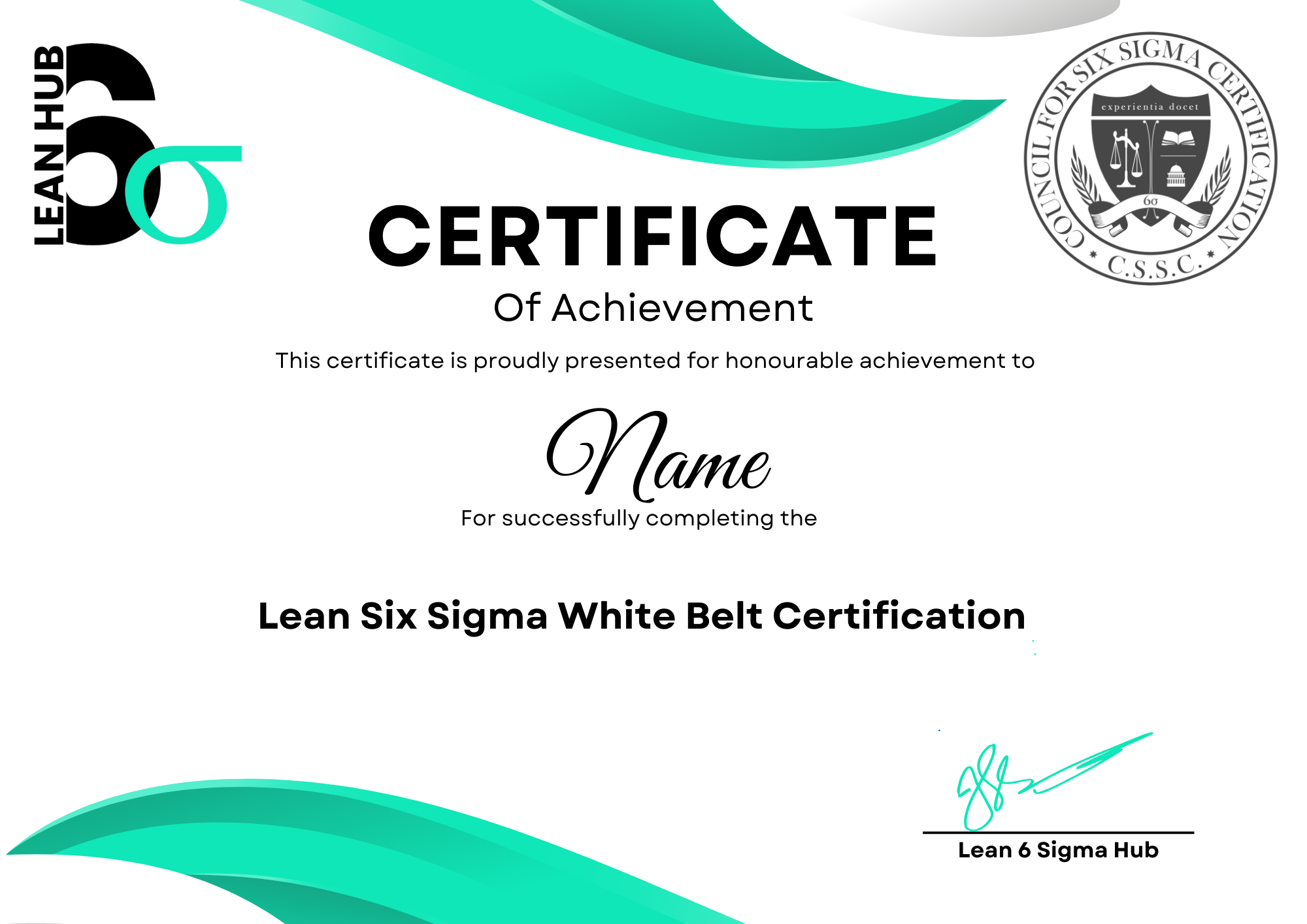 Official Lean 6 Sigma Hub White Belt Certificate of Achievement