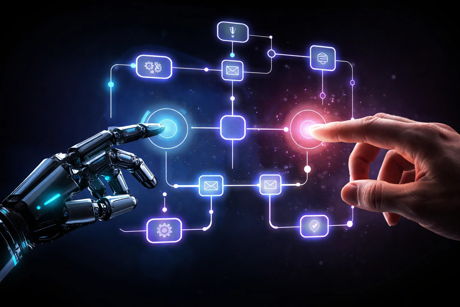 A robotic and human hand collaborating on a workflow diagram symbolizing AI-powered business automation.