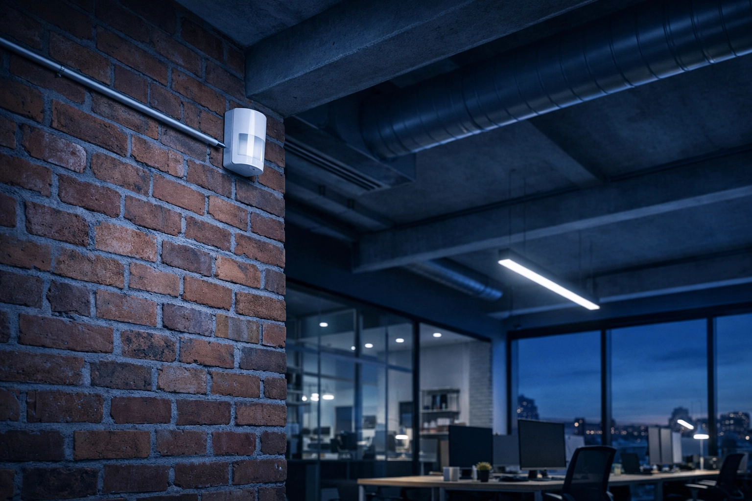 A professional wired PIR motion sensor installed with neat conduit in a modern UK office space.