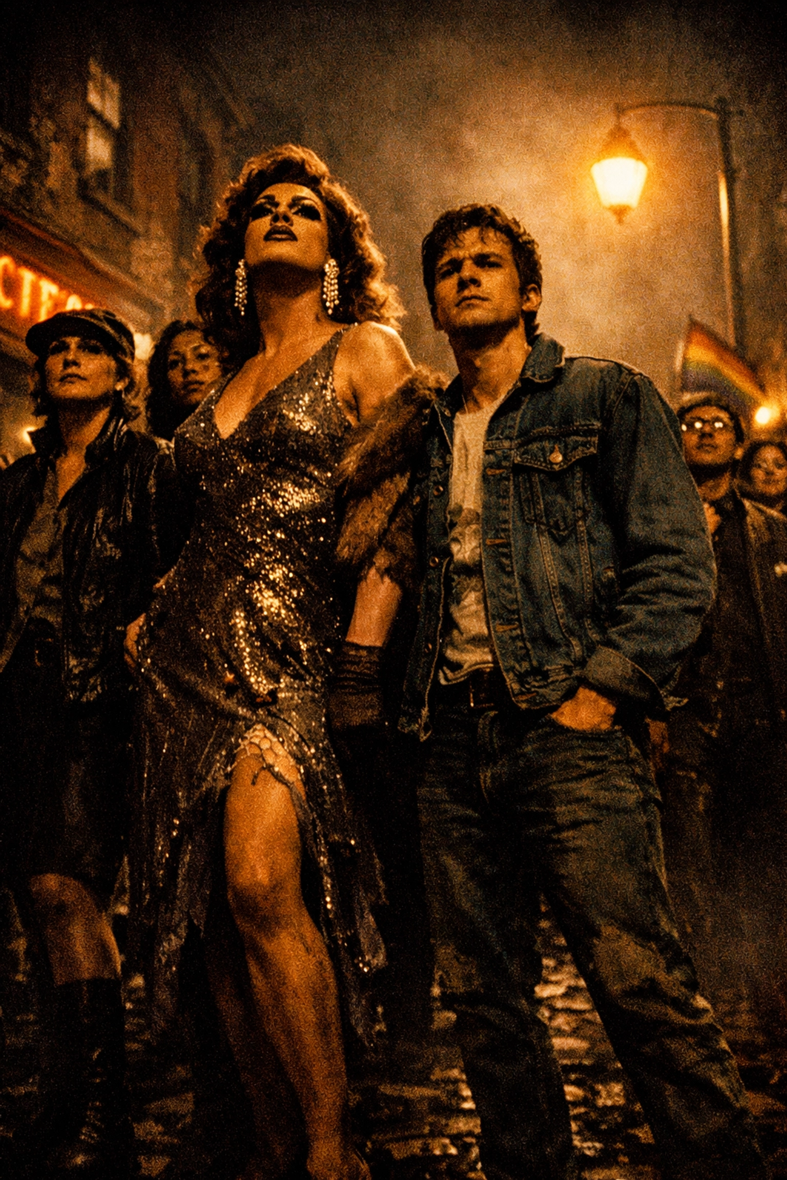 LGBTQ+ protesters and a drag queen stand defiantly during the 1969 Stonewall Uprising in Greenwich Village.