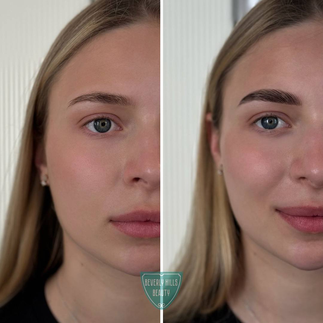 Side-by-side before and after of brow lamination service at Beverly Hills Beauty and Spa Salon in Wien