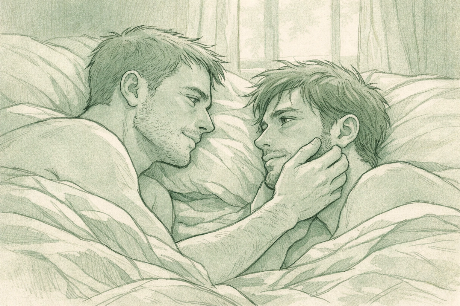 Male couple in tender post-intimate moment exploring MM friends to lovers relationship