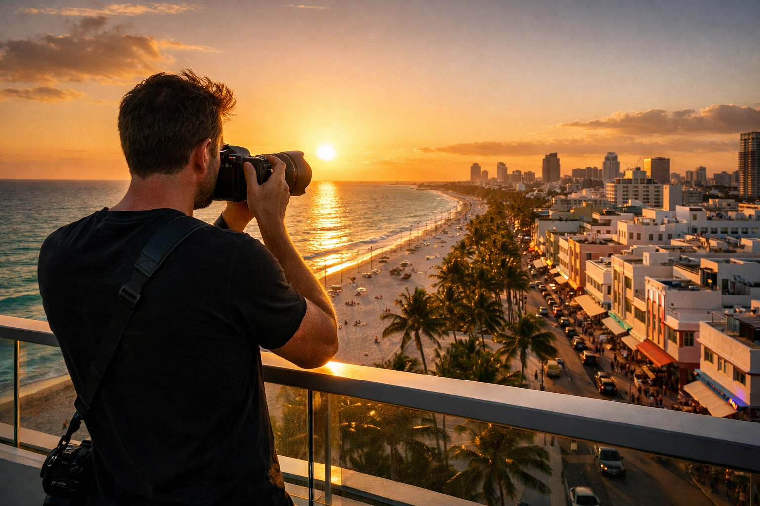 Professional Miami event photographer with a camera on a South Beach balcony at sunset.