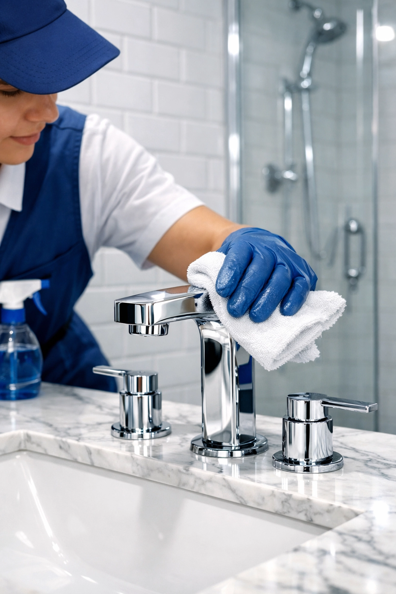 Professional cleaners Groton MA polishing a luxury bathroom faucet during a weekly house cleaning visit.